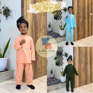 Baju Melayu Raya Budak Slim Fit Moden Mint Green Dark Green Peach Kurta Kids Sedondon Family Murah 2023