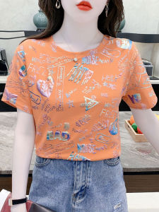 Áo Thun Cổ Tròn in Họa Tiết Mùa Hè Rộng Rãi Đa Năng Cho Nữ Thiết Kế Mới 2025 Thời Trang Trẻ Trung Giảm Tuổi