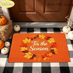 VIKAMA Tis the Season Doormat Fall Leaf Wreath Pumpkin Pinecone Orange Welcome Mat Front Door Non Slip Rug Autumn Decor