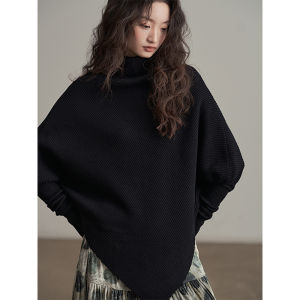 Elegant Batwing Sleeve Asymmetrical Knitwear Womens Early Autumn Atmosphere Simple Outerwear Top High Collar Long Sleeve