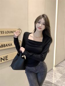 Slim Fit Short Sleeveless T-Shirt Womens Spring Autumn Pure Color Square Collar Base Shirt Long Sleeve Inner Wear Base Shirt