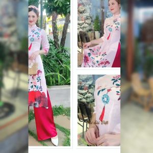 Áo dài cách tân nữ tết gấm Hà Cúc cao cấp hoa xuân may sẵn màu hồng đỏ