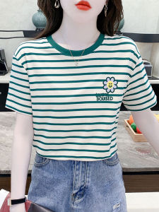 Áo Thun Nữ Cổ Tròn Dáng Rộng Mùa Hè Kẻ Sọc Đa Năng Thiết Kế Mới 2025 Áo Thun Cotton Co Giãn Thoải Mái Thường Ngày