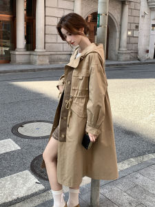 Khaki Retro Academic Style Hooded Coat Womens Long Casual Coat Drawstring New Autumn 2025 Korean Version Loose Fit Polyester Fiber