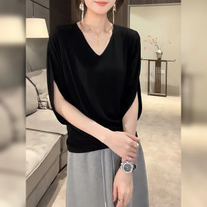 BINKAFENNY | เสื้อยืดคอกวีหลวมสำหรับผู้หญิง