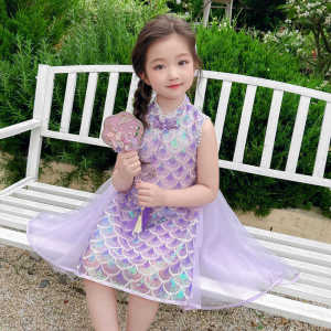 Girls Vest Skirt Summer Outfit 2025 New Fashion Childrens Cheongsam Skirt Super Fairy Sparkling Princess Skirt Polyester Fiber