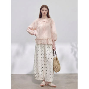 GULILI | Light Peach Lace Ruffled Sleeve Long Top Polka Dot Wide Leg Trousers Linen Set