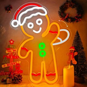 Biển Đèn Neon Hình Người Bánh Gừng Vẫy Tay Có Thể Điều Chỉnh Độ Sáng Thiết Kế Nhấp Nháy Trang Trí Giáng Sinh Cho Cửa Sổ Nhà Tiệc Tùng Tường Bóng Đèn Neon Với Nguồn Điện DC