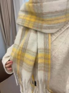 Lemon Sea Salt ~ Mohair Custard Plaid Thickened Scarf Womens Winter Heattech Tassel Shawl Scarf Stuffed Korean