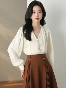 AMMIN 2025 Spring New Fashion Beaded Chain V-neck Long Sleeve Chiffon Blouse for Women Korean Style Simple Solid Color Fashion Natural Vertical Sense Commuting Elegant Blouse