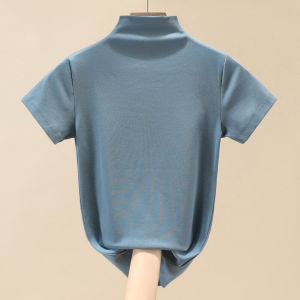 Slim Fit Half High Collar Short Sleeve T-Shirt Womens Fashionable Versatile Base Shirt Spring Summer Classic Solid Color Commute Style