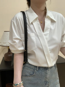 Elegant White V-Neck Shirt for Women Summer New Style Commute Professional Interview Casual Loose Fit Polyester Fiber