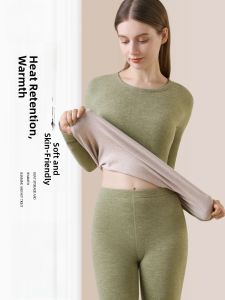 miiow | Thickened Fleece Womens Thermal Underwear Set Cat Person Silk Wool Warm Clothes Long Sleeve Round Neck Long Pants For Autumn Winter