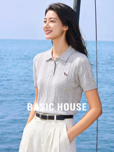 Basic House | Gray Linen Embroidery Short Sleeve Knit Shirt