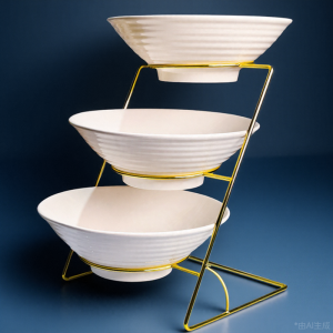 ชั้นวางผลไม้หลายชั้น จานแสดงอาหารเช้า โรงแรม ร้านอาหาร ชาม ช้อน ชุดมื้อเช้า แบบอิสระ ลายดอกไม้ สีพื้น