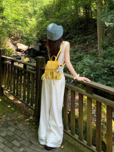 Korean Style Yellow College Wind Handheld Double Shoulder Bag Womens 2025 New High-End Commuting Travel Backpack Soft PU Material