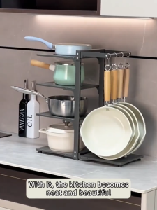 Multi-Layer Stainless Steel Pot Rack with Hooks Adjustable Countertop Organizer for Pots Pans & Lids