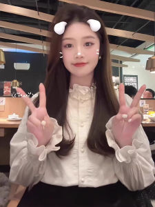 chaqi | French Ruffle Collar Short Sleeve Womens Shirt Spring Autumn Inner Design Retro Bell Sleeve Stand Collar White Top