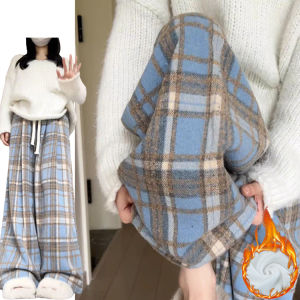Womens Thickened Woolen Plaid Pants Autumn Winter New Style High Waist Straight Leg Floor-Length Draping Casual Trousers
