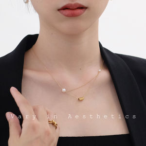 Double Layer Natural water Pearl Necklace Feminine Minimalist Design Titanium Steel Cross Chain Womens Fashion Jewelry