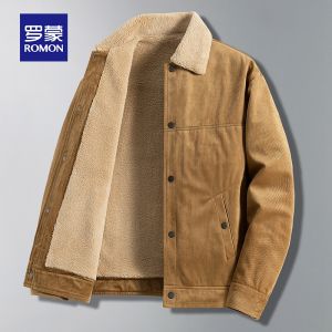 ROMON | Lormen Mens Lamb Velvet Jacket Thickened Warmth Fur Collar Autumn Winter New Style Mid-aged Dad Clothes Cotton Coat