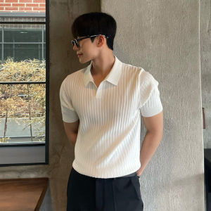 Summer Stripes Short Sleeve Polo Shan Mens Korean Slim Fit Lapel Pure Color Casual Thin Half Sleeve Trend Knitting Tops