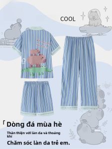 MiiOW | Bộ đồ ngủ tay ngắn bằng lụa băng cho bé trai mùa hè thoáng khí thoải mái Bộ đồ ngủ ba mảnh mặc nhà