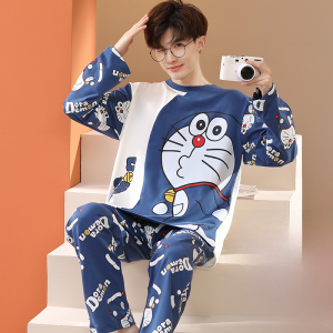 Mens Pure Cotton Long Sleeve Sleepwear Thin Spring Autumn Home Clothes Set Large Size Teenage Boys Striped Comfortable Pajamas