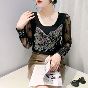 Yimei 2024 Áo thun màu đen phía trên lấp lánh hình bướm xinh đẹp của ga Châu Âu áo Áo sơ mi mặc trong tay áo dài ren mỏng mùa thu phong cách mới nữ