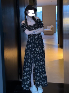 Summer 2024 Black Floral Split Dress Womens French Vintage High Waist Slimming Long Skirt Korean Style Short Sleeve One Piece