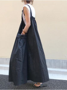 Cute Casual Cotton Overalls Set with Pockets Knee-Length A-Line Skirt Fashionable Commute Style Pure Color No-Sleeve Gown