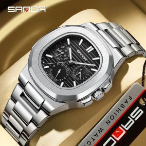 Sanda | Sanda 7053Date Full Stainless Steel Square Quartz wristwatch Reloj Hombre Fashion Luxury Business Waterproof Male Clock Luminous