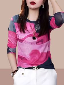 Slim Fit Long Sleeve round Neck Mesh Base Shirt Autumn New Style Popular T-Shirt Womens Korean Style Printed Polyester Top