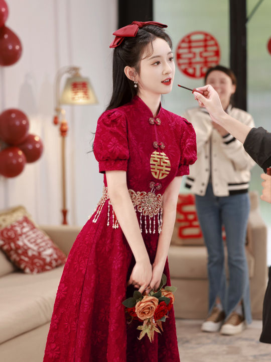Red Chinese Style Cheongsam Wedding Dress New Version Short Sleeve Middle Waist A-Line Skirt for Bride Gown Custom Made