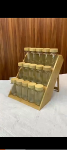 CKS 3-Tier Bamboo Spice Storage Rack with Glass Jar Set and Wooden Design Lid Kitchen Condiments Organizer Shelve Set