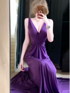 CHANGTONG | Váy bó eo gợi cảm cổ chữ V hở lưng dây buộc quấn cổ váy sinh nhật cao cấp váy dài đến sàn mùa xuân thường ngày