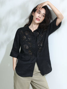 Miccbeirn | Elegant Embroidered Linen Shirt Hollow Out Design For Commuting Slimming Versatile Breathable Womens Top Fashionable Casual