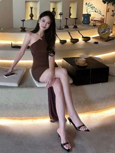 Giày Cao Gót Hở Mũi Bằng Da Bóng Màu Đen Gợi Cảm Mùa Hè Cho Nữ Giày Lười Mũi Nhọn Đế Mỏng Thời Trang Thường Ngày Giày Cao Gót