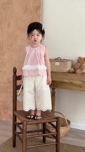Summer New Children's Korean Style Sweet Lace Hem Sleeveless Top for Girls Baby Solid Color Cute Blouse