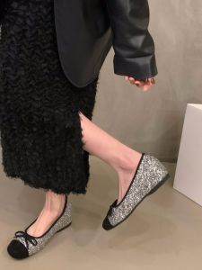 Silver Sequin Single Shoes for Women Butterfly Knot Gentle Evening Shoes Korean Style Flat Heel Anti-Slip Rubber Sole Fashionable Spring Autumn New Arrival
