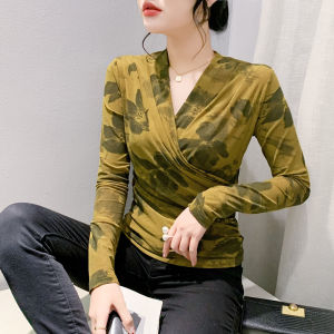 REHIN V-Neck Printed Stretch Slim Fit Ruched Long Sleeve T-shirt Autumn New Imported Mesh Casual Blouse Elegant Womens Top
