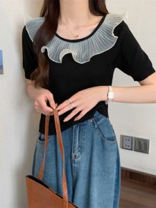 2024 Summer K-style Western Style Slim Fit Pleated Ruffled Short Sleeves T-Shirt Female French Style Design Puff Sleeve Top