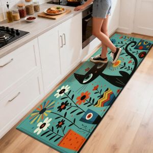 Vintage Art Black Cat Kitchen Runner Non Slip Absorbent Entryway Rug Home Decor Washable Animal Themed Floor Mat