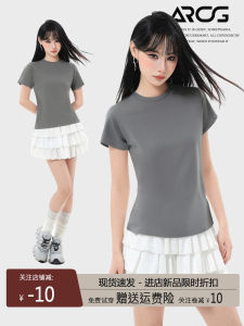 American Style Short Sleeve T-Shirt Women Summer New Style Slim Fit Waist Cinching Short Length Top Hot Girl Commute Simple Style