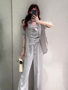 Summer 2025 Womens Fashion Slimming Sun Protection Shirt Strap Vest Elastic Waist Wide Leg Pants Three-piece Set Polyester Fiber