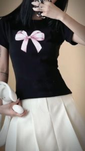 Áo Thun BabyTee In Hình Nơ Hồng To Form Ôm Body Cực Dễ Thương