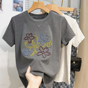 Floral Letter Embroidery Short Sleeve T-Shirt Womens Loose Fit Summer Vintage National Trend Cotton Comfortable Top