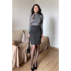 Elegant High Waist Bodycon Skirt Set with Long Sleeve High Collar T-Shirt for Women Mid-Length A-Line Skirt Autumn Fashion