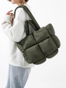 Autumn Winter Nylon down Bag Womens Large Grid Tote Casual High Capacity Single Shoulder Bag Leisure Style Soft Handle Purse