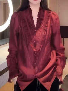 Korean Style Luxury Light Earlet Ruffle Pure Color Womens Shirt V-neck Spring New Fashion Inner Wear High Fashion Top Trendy